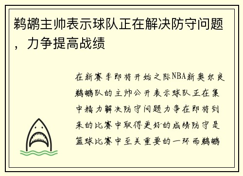 鹈鹕主帅表示球队正在解决防守问题，力争提高战绩